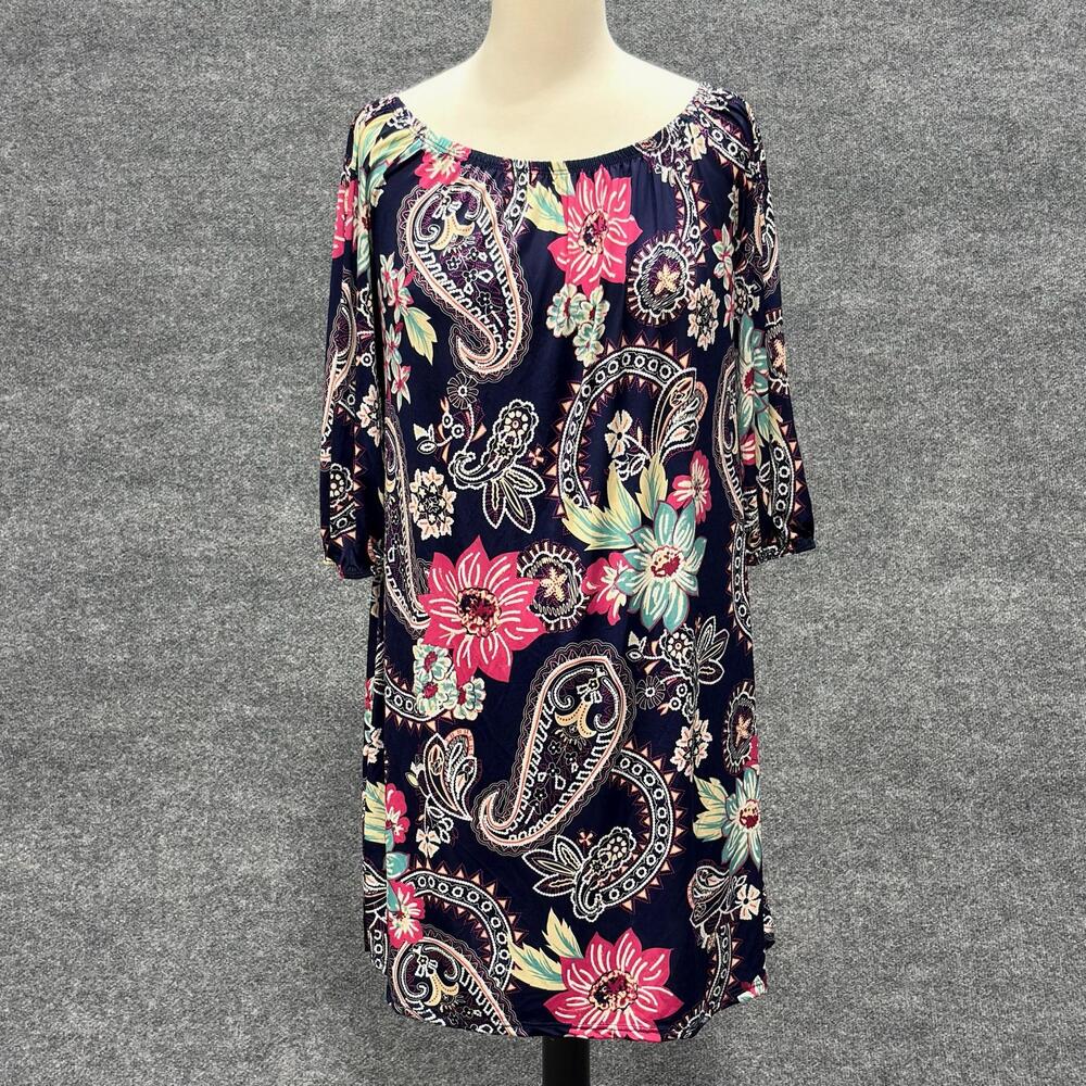MOA Dress Womens L Blue Paisley Swing Scoop Neck 3/4 Bell Sleeve Boho Stretch